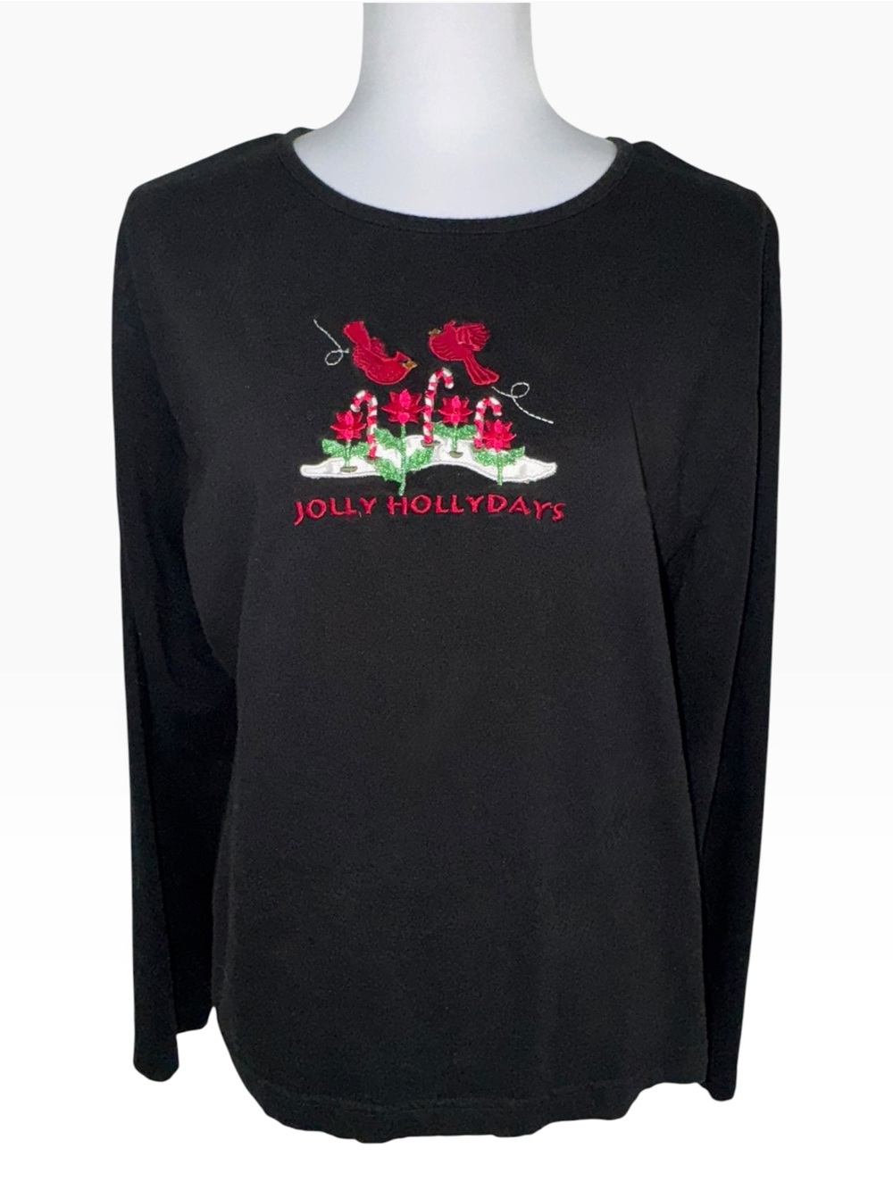 Carolyn Taylor XL Black Christmas Top Cardinal Candy Cane Poinsettia Embroidered